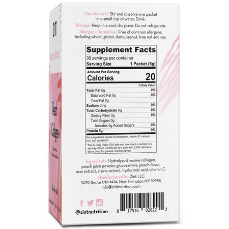 膠原蛋白補品, 關節: Zint, Peach Collagen +, 30 Individual Packets, 5 g Each