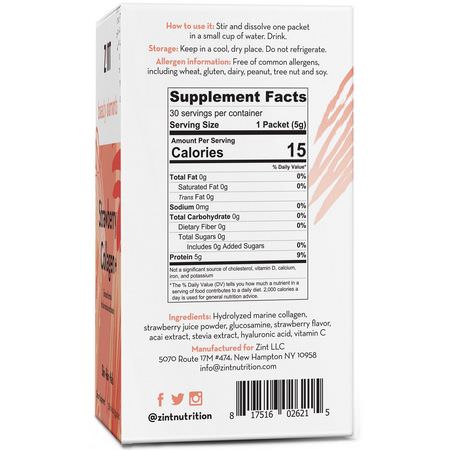 膠原補充劑, 關節: Zint, Strawberry Collagen +, 30 Individual Packets, 5 g Each