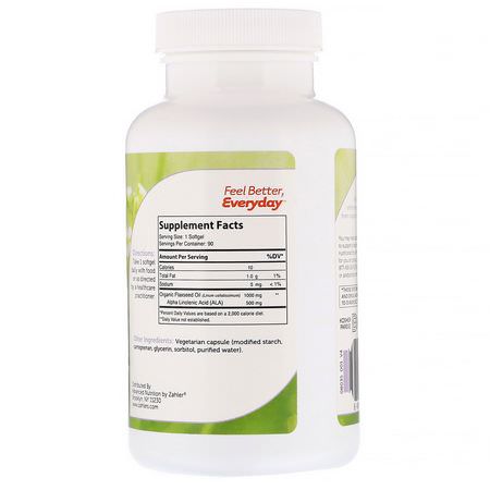 亞麻籽補品, 歐米茄EPA DHA: Zahler, Organic Flax Seed Oil, 1,000 mg, 90 Softgels