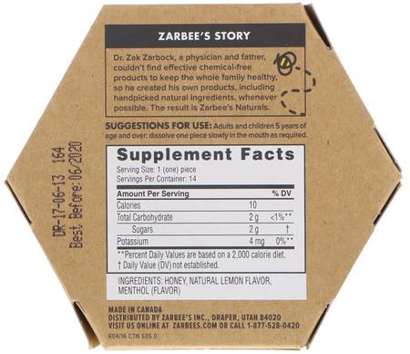 止咳藥, 喉嚨痛: Zarbee's, 99% Honey Cough Soothers, Natural Lemon Flavor, 14 Pieces
