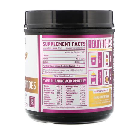 膠原補充劑, 關節: Zhou Nutrition, Collagen Peptides, Hydrolyzed Protein, Unflavored, 1.1 lbs (510 g)
