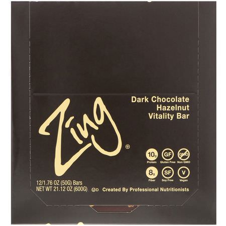 能量棒, 運動棒: Zing Bars, Vitality Bar, Dark Chocolate Hazelnut, 12 Bars, 1.76 oz (50 g) Each