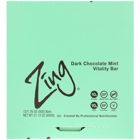 能量棒, 運動棒: Zing Bars, Vitality Bar, Dark Chocolate Mint, 12 Bars, 1.76 oz (50 g) Each