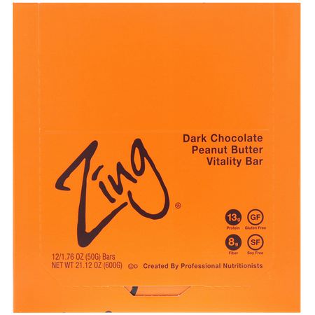能量棒, 運動棒: Zing Bars, Vitality Bar, Dark Chocolate Peanut Butter, 12 Bars, 1.76 oz (50 g) Each