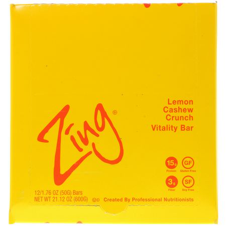 能量棒, 運動棒: Zing Bars, Vitality Bar, Lemon Cashew Crunch, 12 Bars, 1.76 oz (50 g) Each