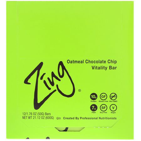 能量棒, 運動棒: Zing Bars, Vitality Bar, Oatmeal Chocolate Chip, 12 Bars, 1.76 oz (50 g) Each