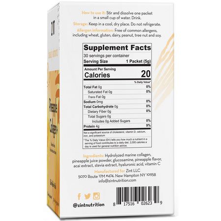 膠原補充劑, 關節: Zint, Pineapple Collagen +, 30 Individual Packets, 5 g Each