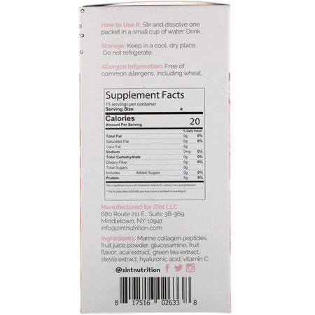 膠原補充劑, 關節: Zint, Sweet Collagen, Peach, Pineapple, Strawberry, 15 Individual Packets, 5 g Each