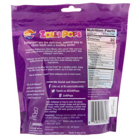 錠劑, 薄荷糖: Zollipops, The Clean Teeth Pops, Grape, 15 ZolliPops, 3.1 oz